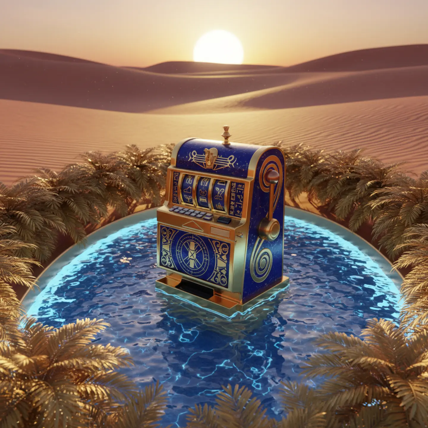 A magical brass slot machine resting in a shallow pool of glowing sapphire water.